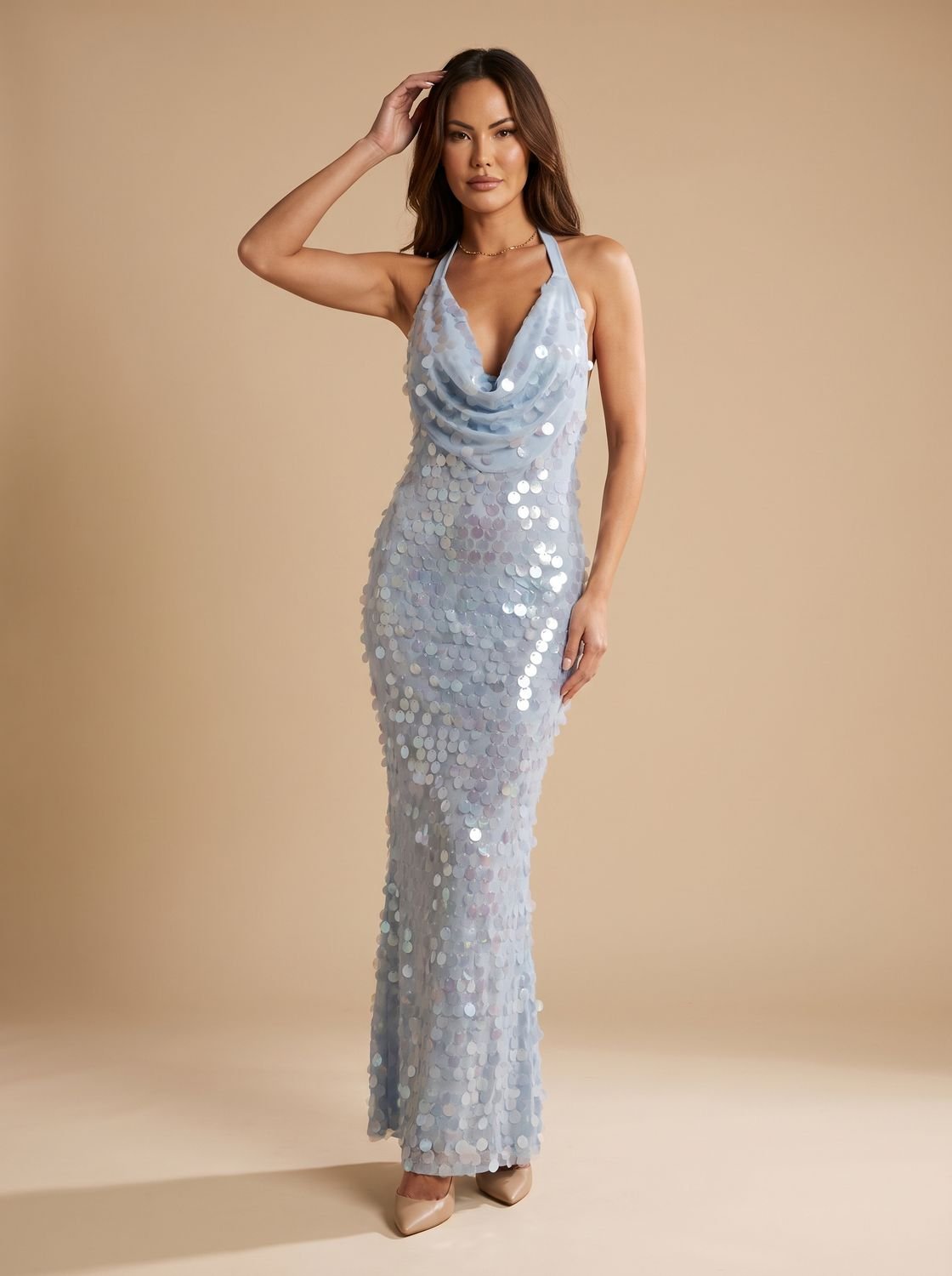 Amelia | Women's Blue Halter Cowl-Neck Sequin Maxi Dress