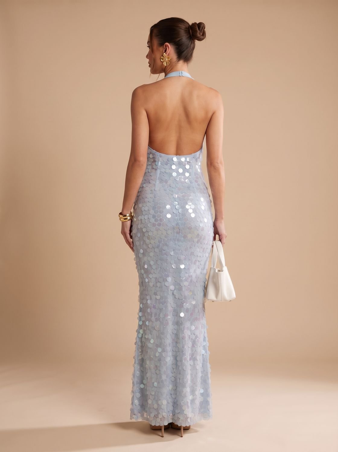 Amelia | Women's Blue Halter Cowl-Neck Sequin Maxi Dress