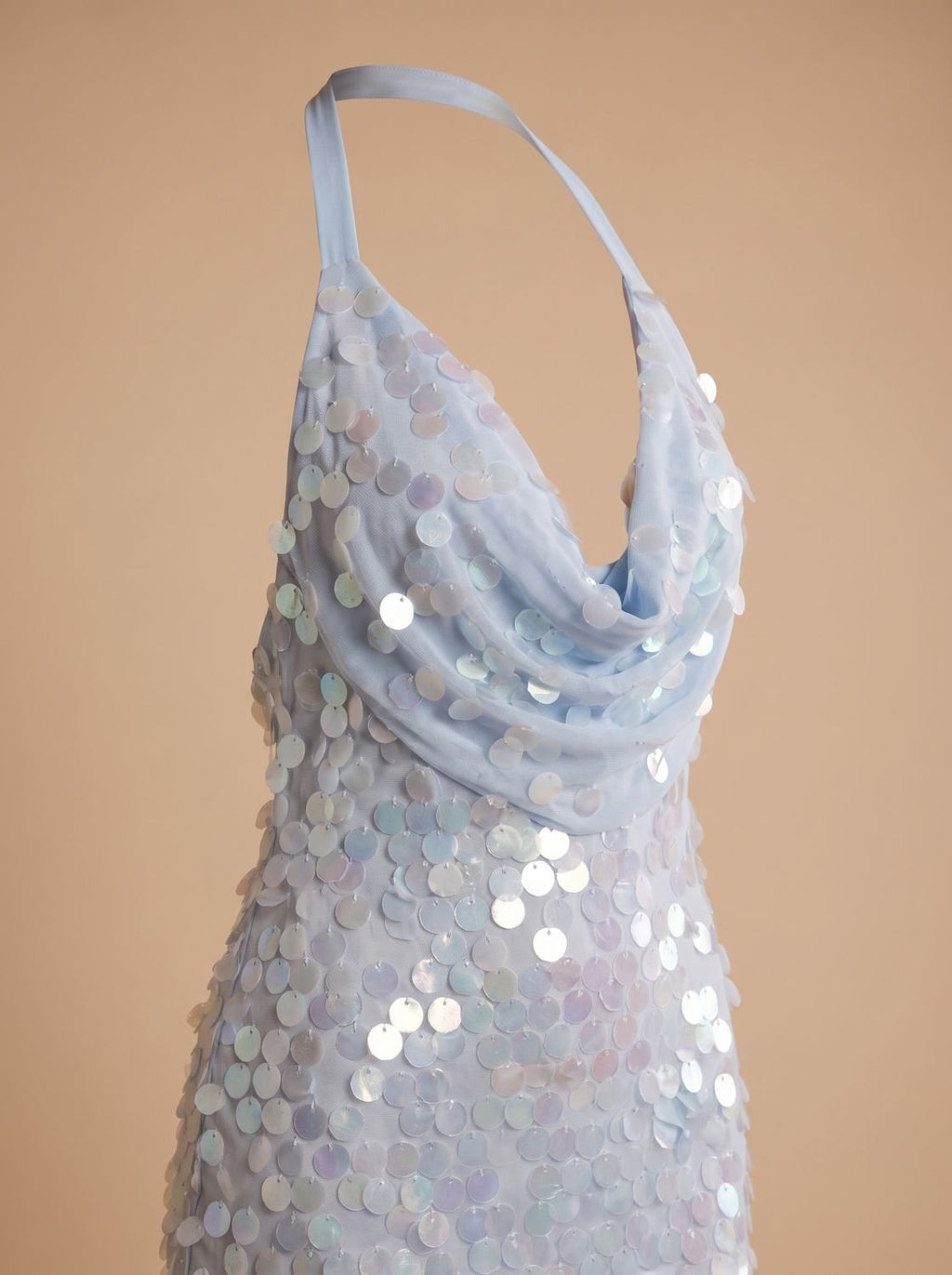 Amelia | Women's Blue Halter Cowl-Neck Sequin Maxi Dress