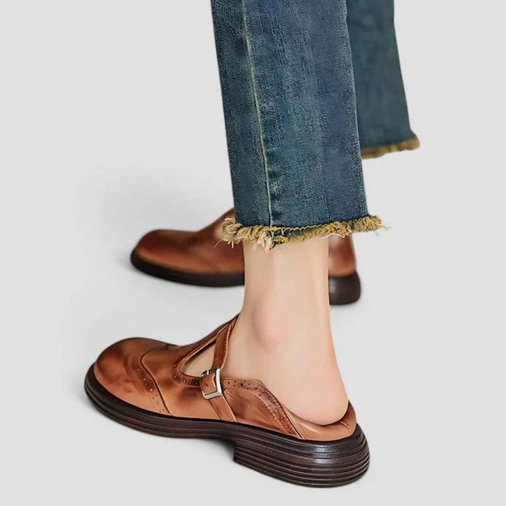 Women's Brogue Leather T-Strap Buckle Classic Boots
