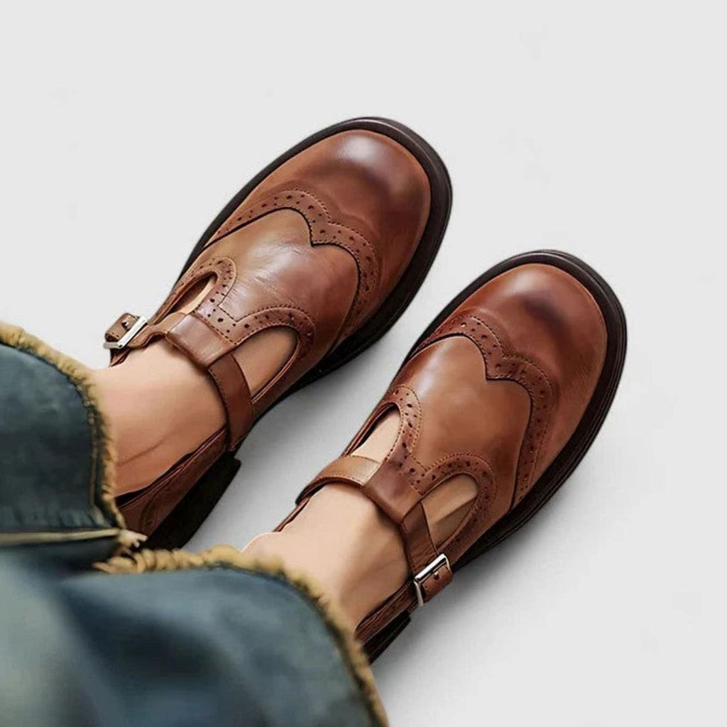 Women's Brogue Leather T-Strap Buckle Classic Boots