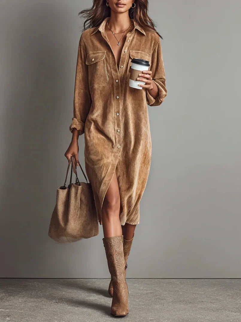 Women's button front long sleeve midi dress