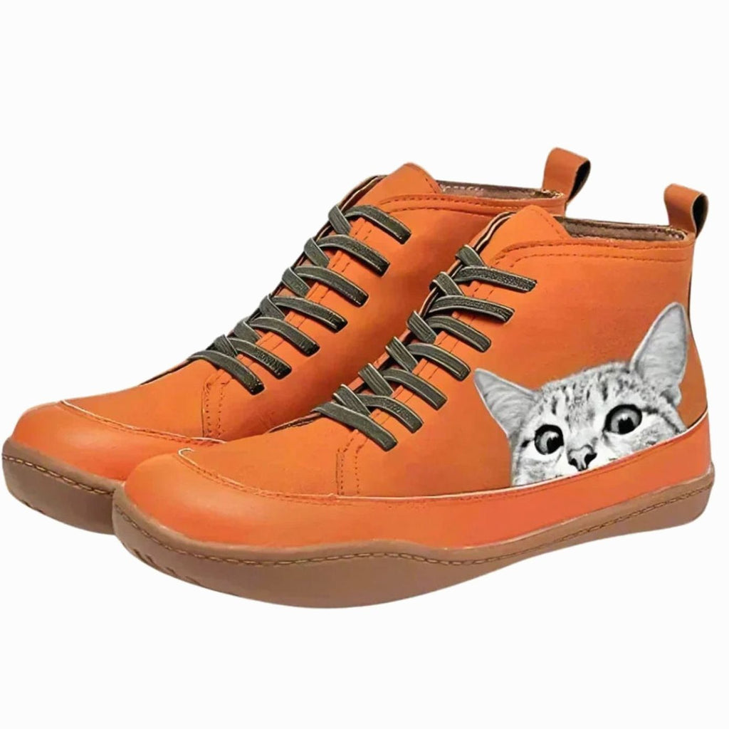 Emma | Women's Cat-Print Lace-Up Leather Ankle Boots