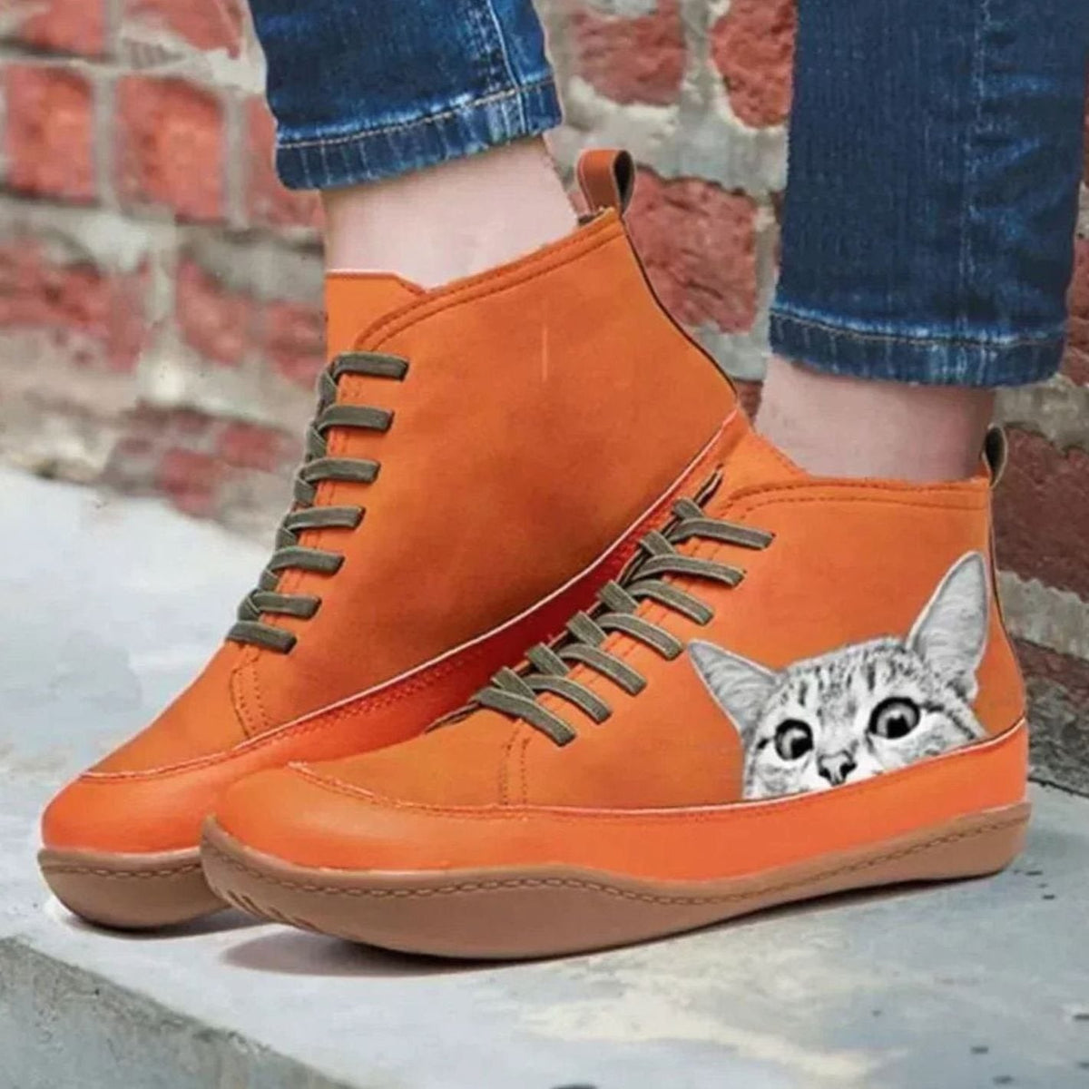 Emma | Women's Cat-Print Lace-Up Leather Ankle Boots