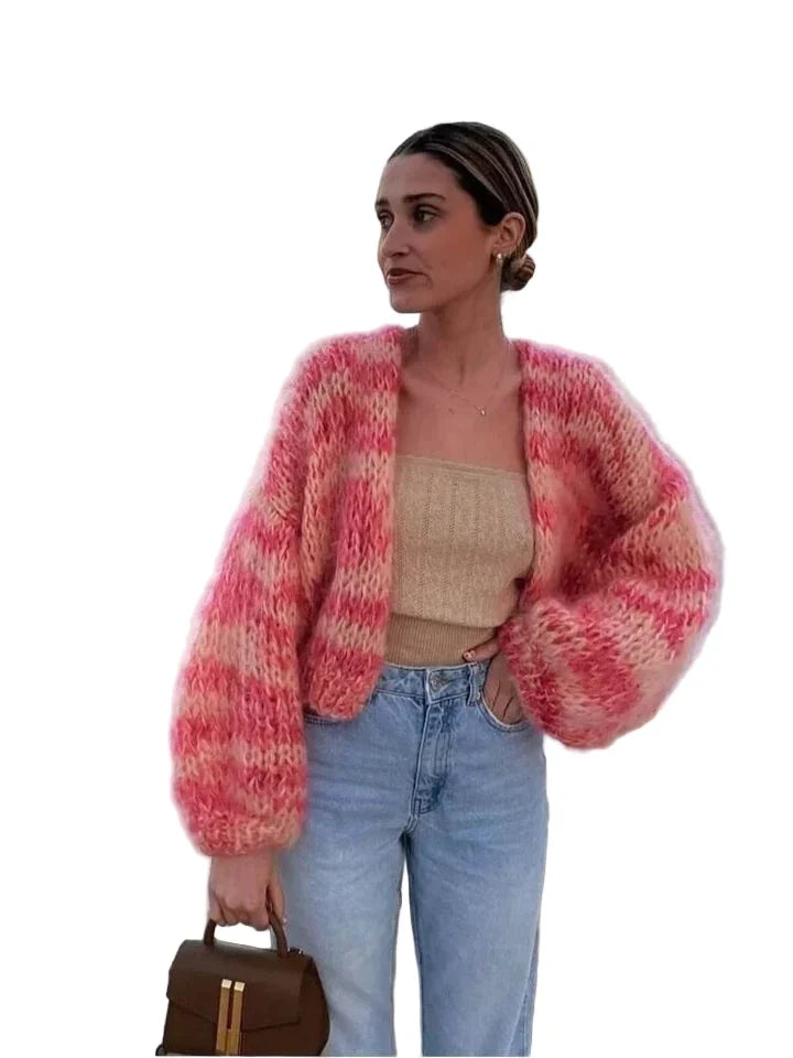 Women's Pink Striped Open-Front Cardigan, Textured Knit, Long Sleeves