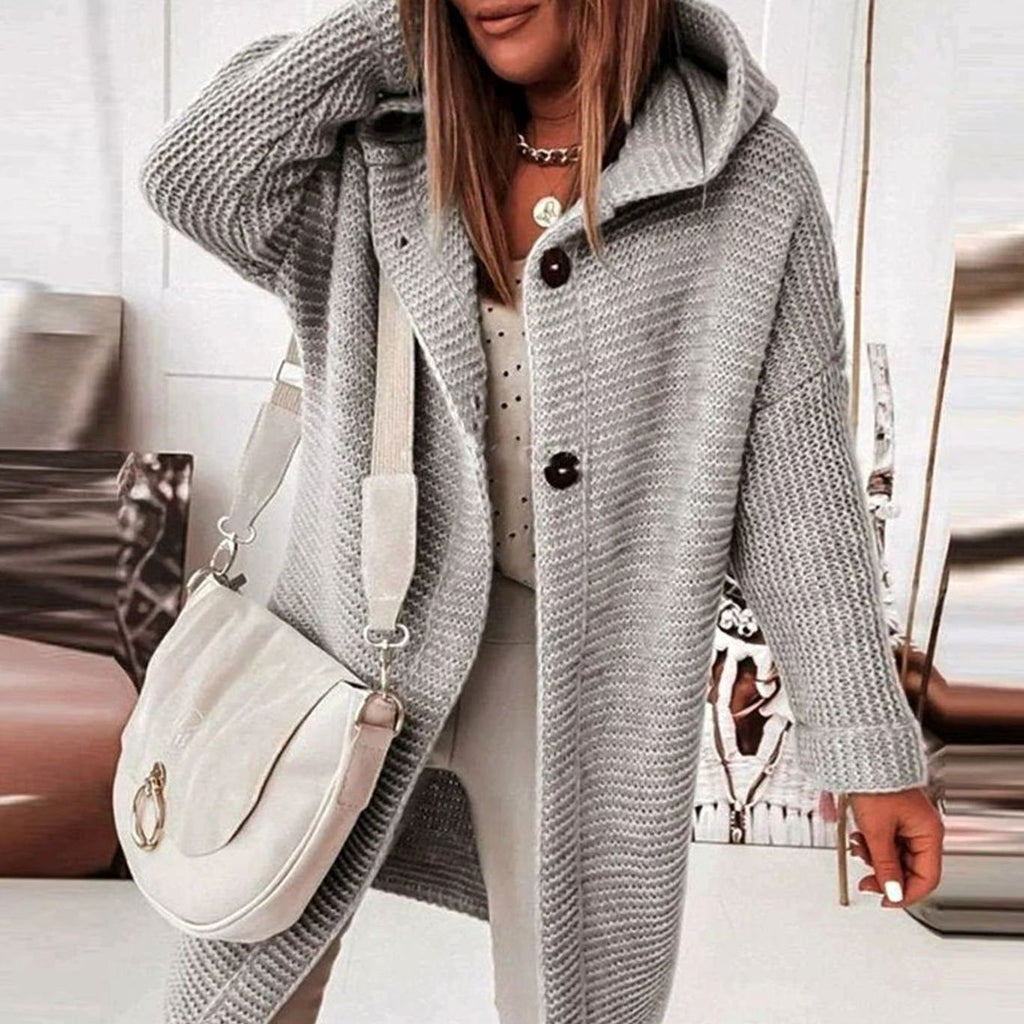 Women's Cozy Hooded Knit Cardigan Jacket Relaxed Fit Button-Up