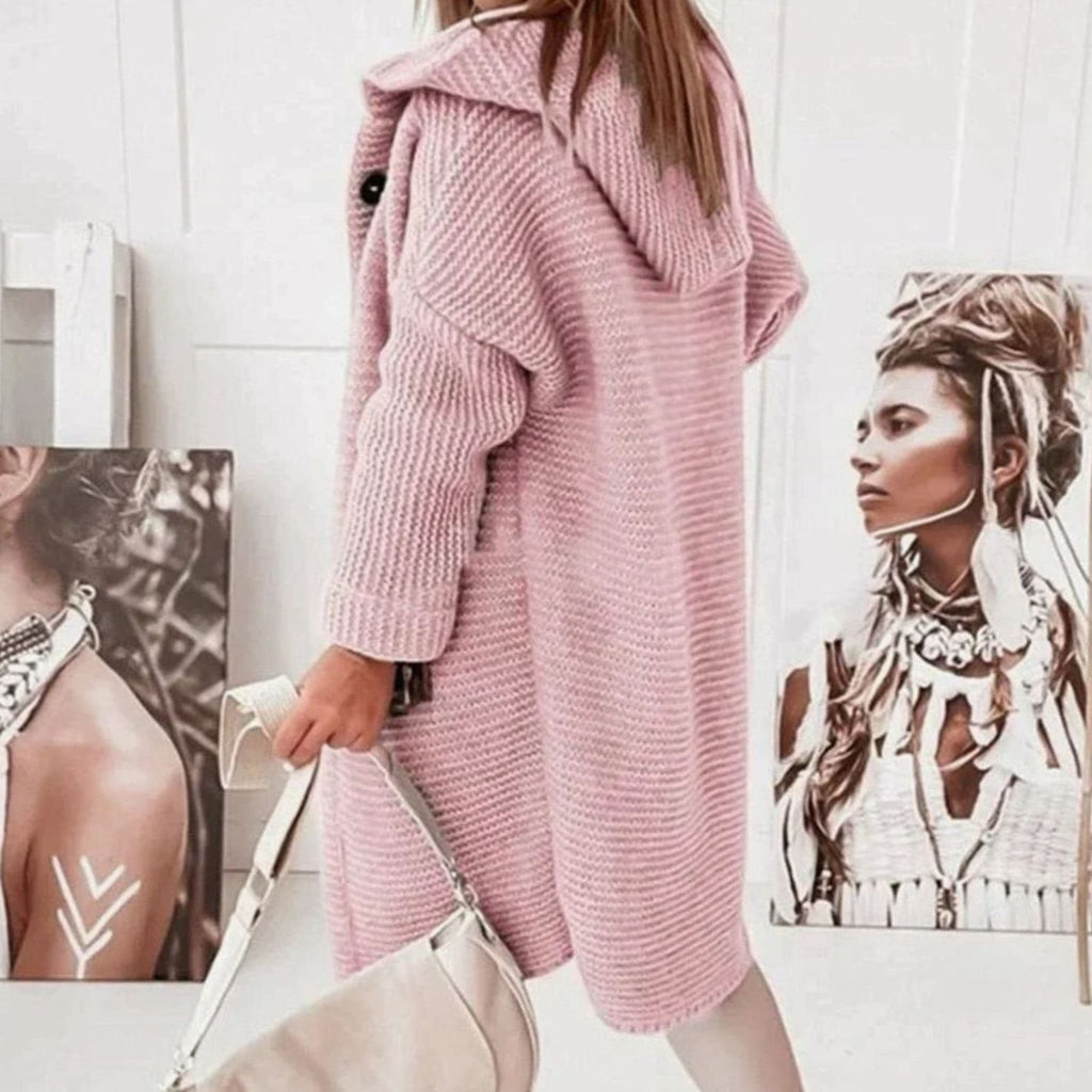 Women's Cozy Hooded Knit Cardigan Jacket Relaxed Fit Button-Up