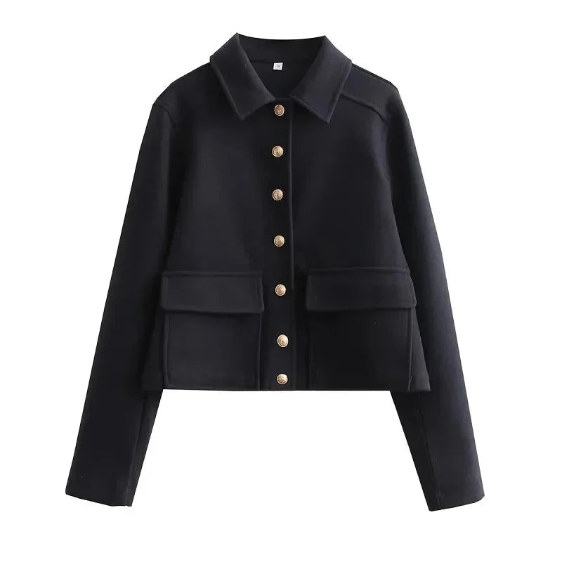 Women's button-front collared cropped jacket with flap pockets