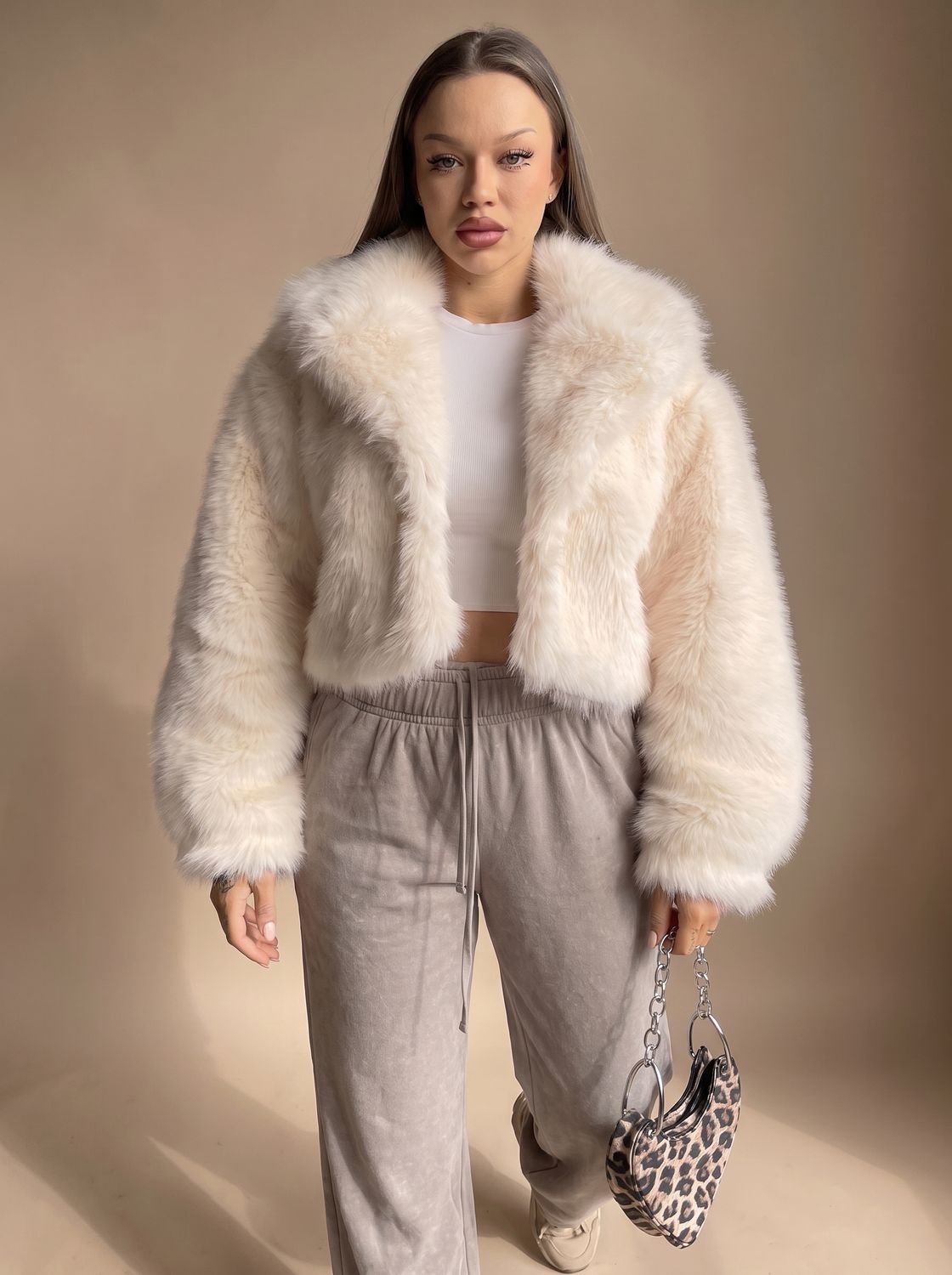 Charlotte | Women's Cropped Open-Front Faux Fur Coat Oversized Sleeves