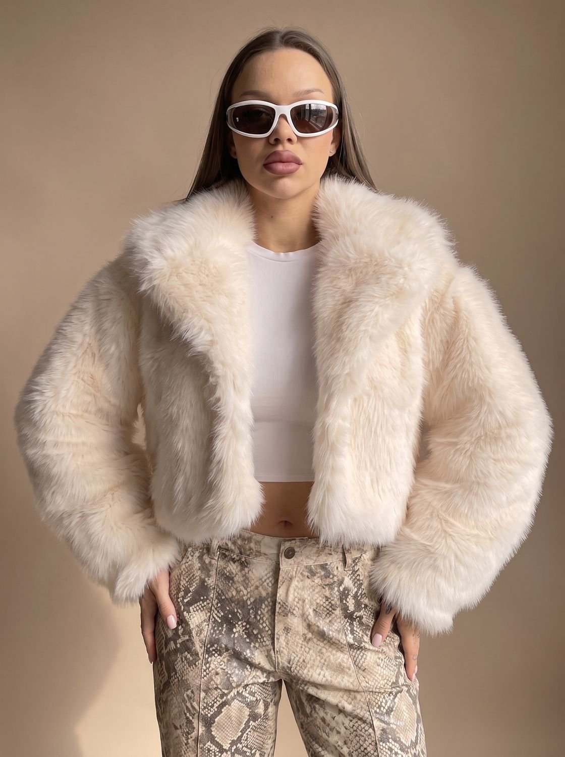 Charlotte | Women's Cropped Open-Front Faux Fur Coat Oversized Sleeves