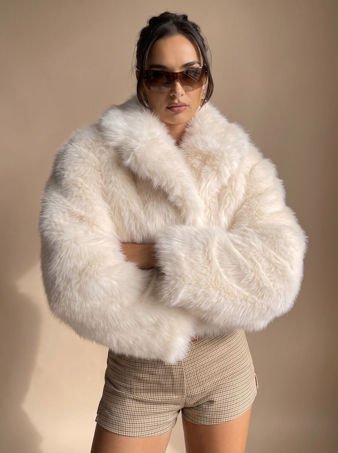 Charlotte | Women's Cropped Open-Front Faux Fur Coat Oversized Sleeves