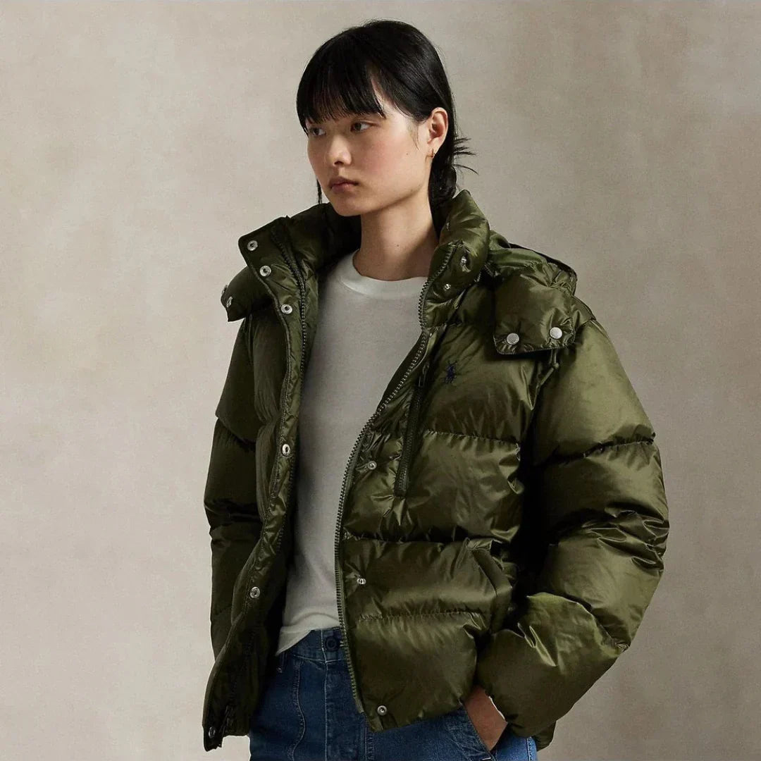 Women's Cropped Quilted Puffer Jacket, High Collar, Long Sleeves