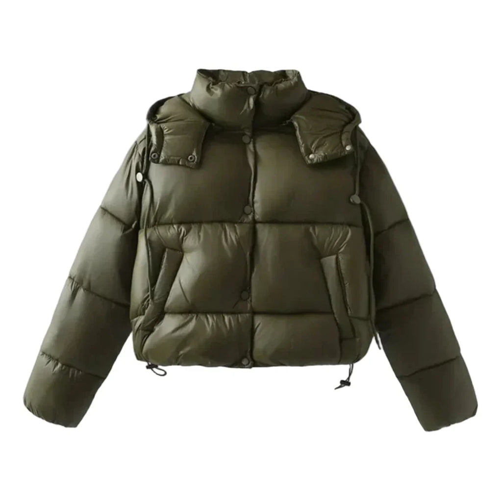 Women's Cropped Quilted Puffer Jacket, High Collar, Long Sleeves