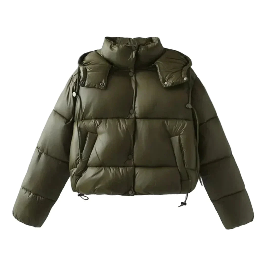Women's Cropped Quilted Puffer Jacket, High Collar, Long Sleeves