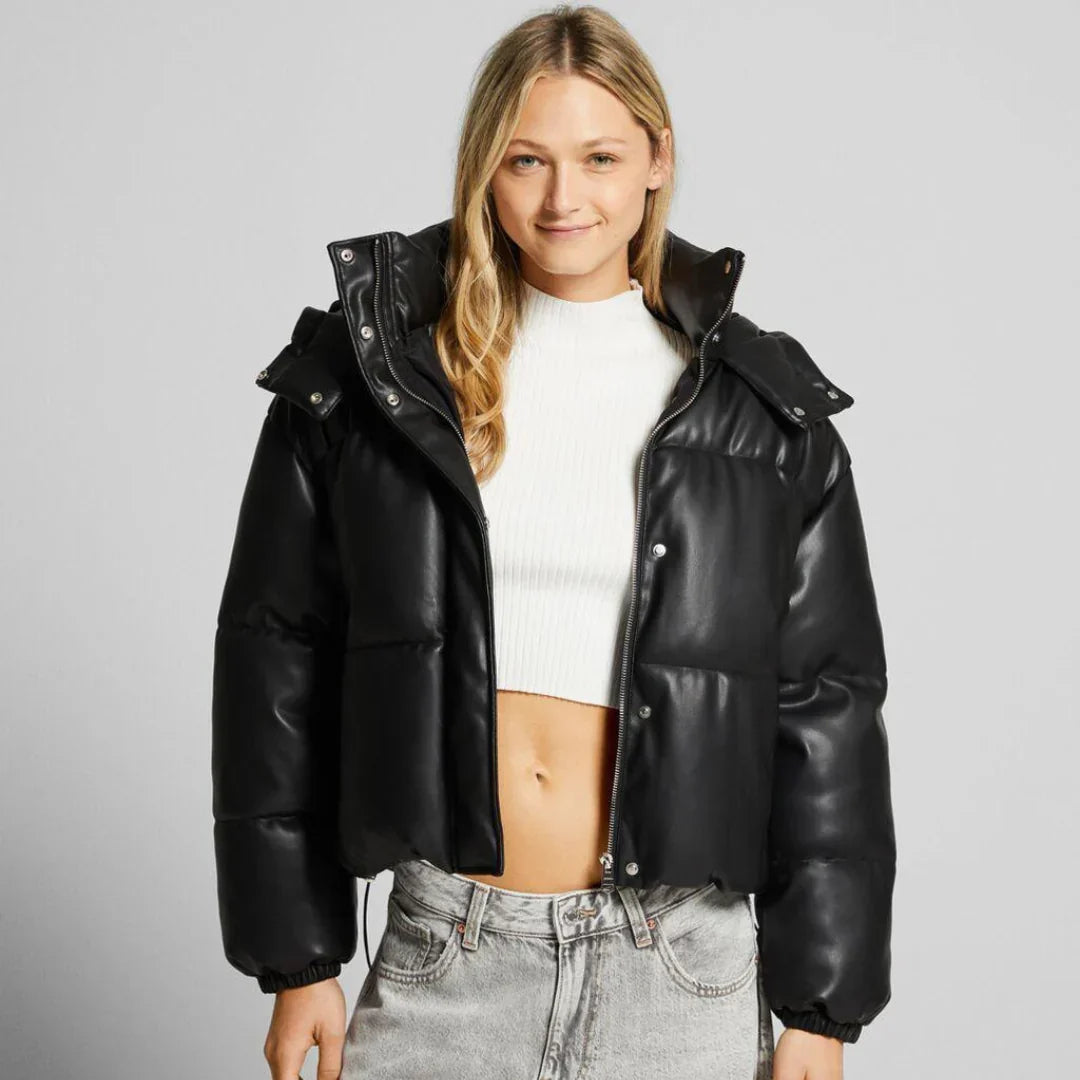 Women's Cropped Quilted Puffer Jacket, High Collar, Long Sleeves