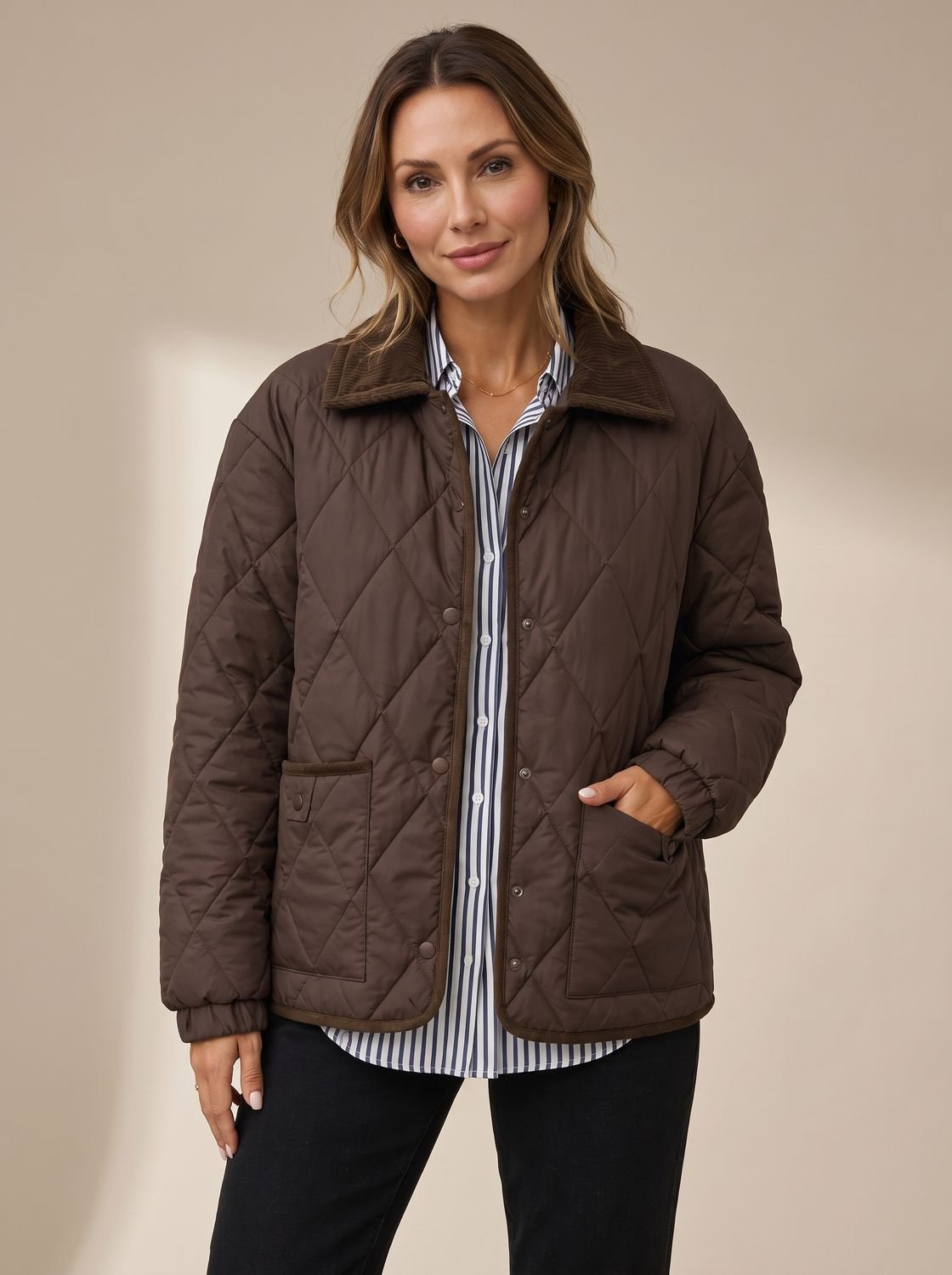 Scarlett | Women's Diamond Quilted Corduroy-Collar Snap-Front Jacket