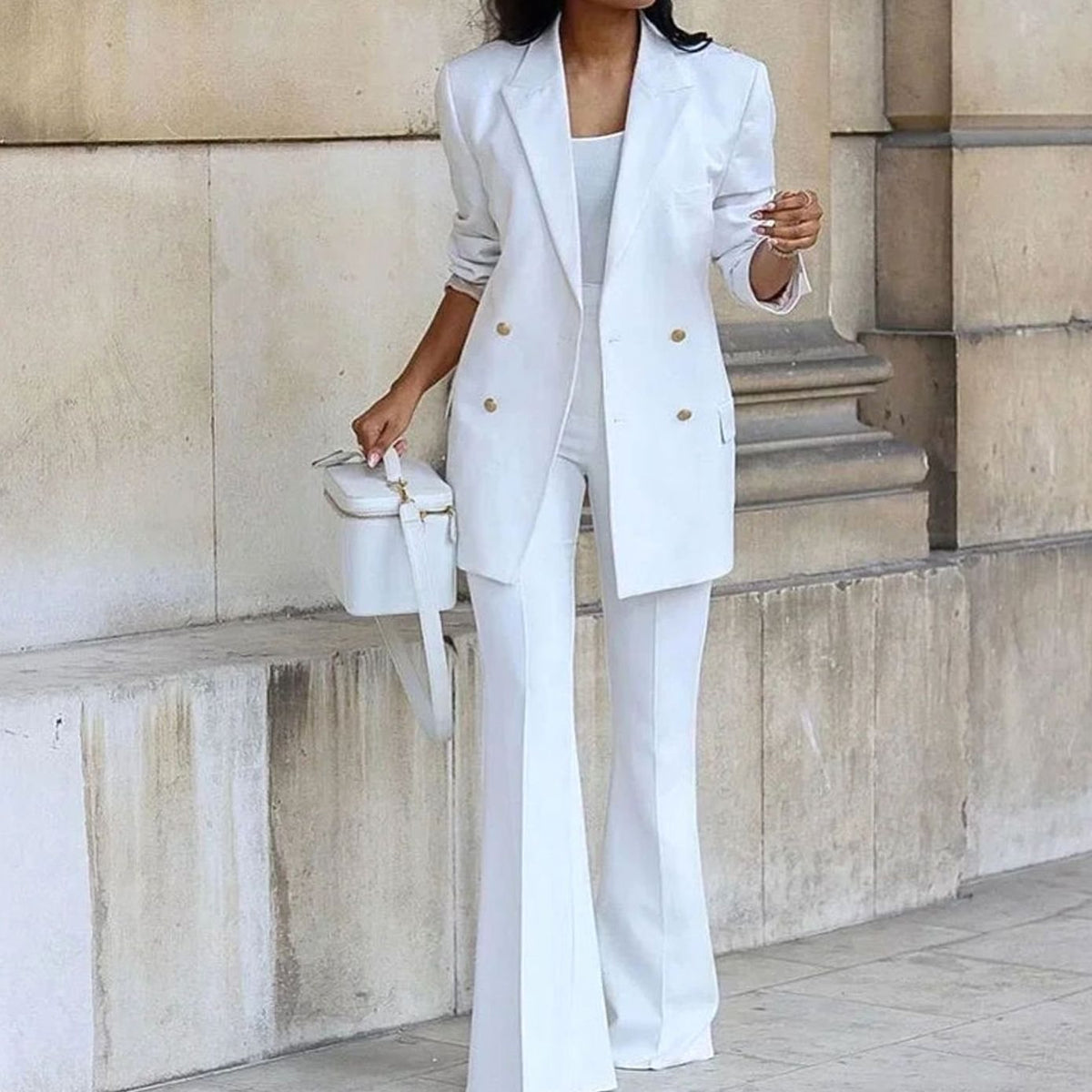 Women's Double-Breasted Tailored Blazer Flare Pants Suit Set