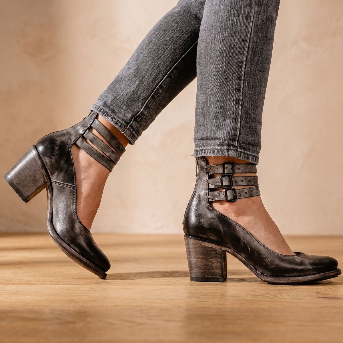 Grace | Women's Double-Buckle Block-Heel Leather Ankle Boots