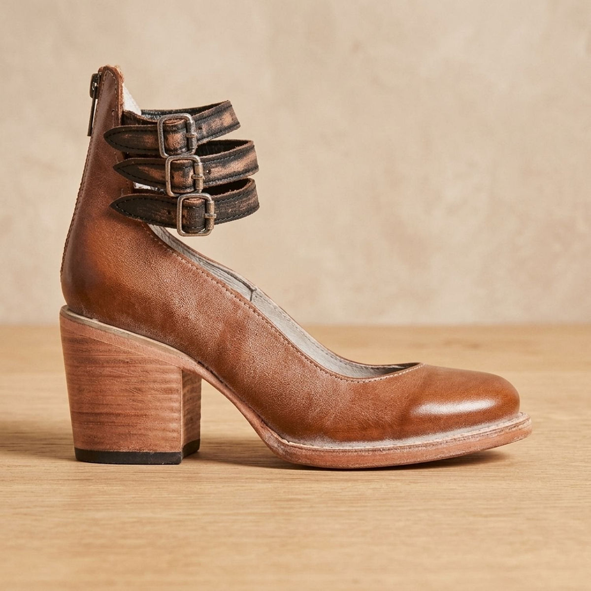 Grace | Women's Double-Buckle Block-Heel Leather Ankle Boots