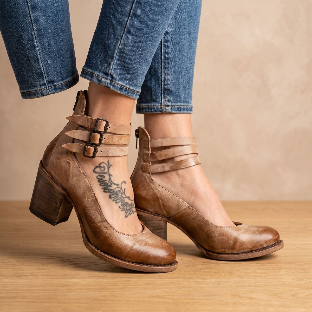 Grace | Women's Double-Buckle Block-Heel Leather Ankle Boots