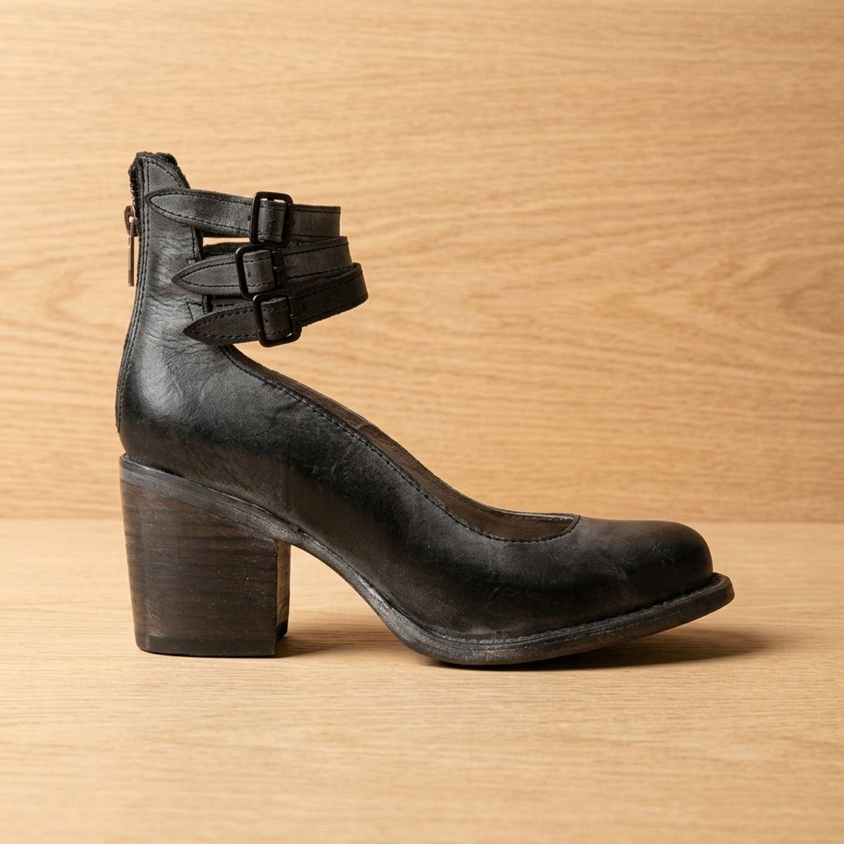 Grace | Women's Double-Buckle Block-Heel Leather Ankle Boots