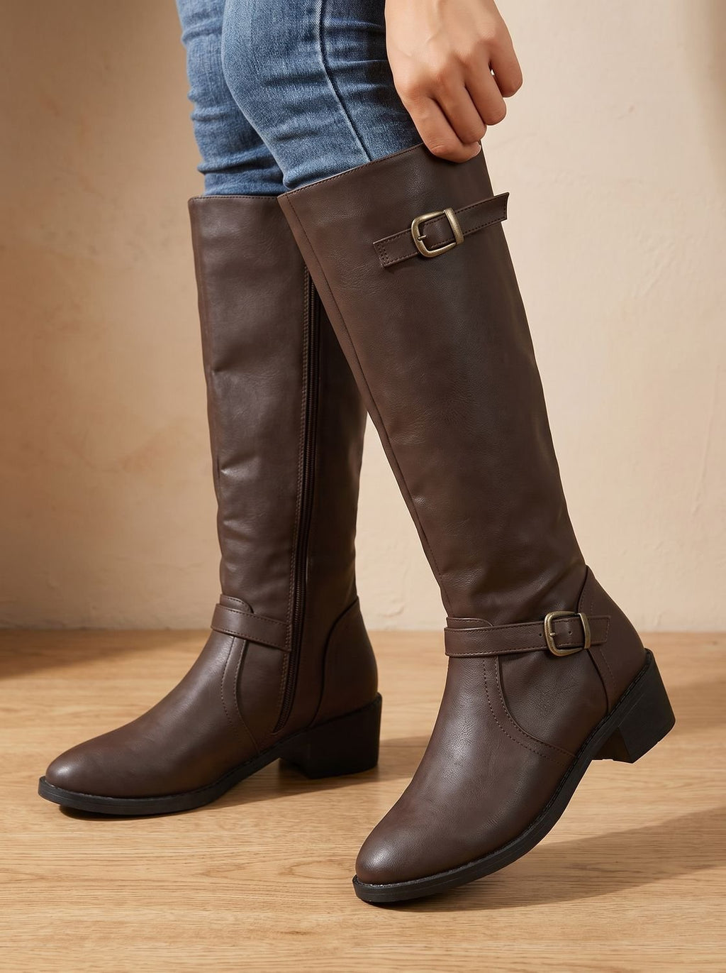 Grace | Women's Double Buckle Knee High Boots Low Block Heel