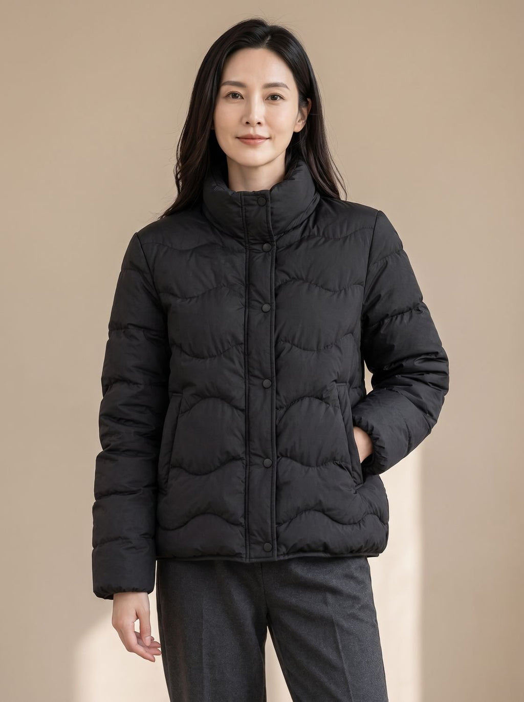 Penelope | Women's Duck-Down Quilted Puffer Jacket Stand Collar Snap-Front