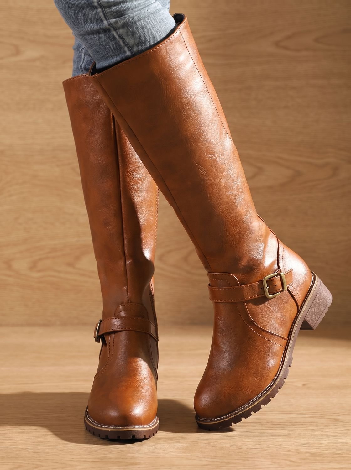 Amelia | Women's Faux Leather Knee High Boots Buckle Side-Zip