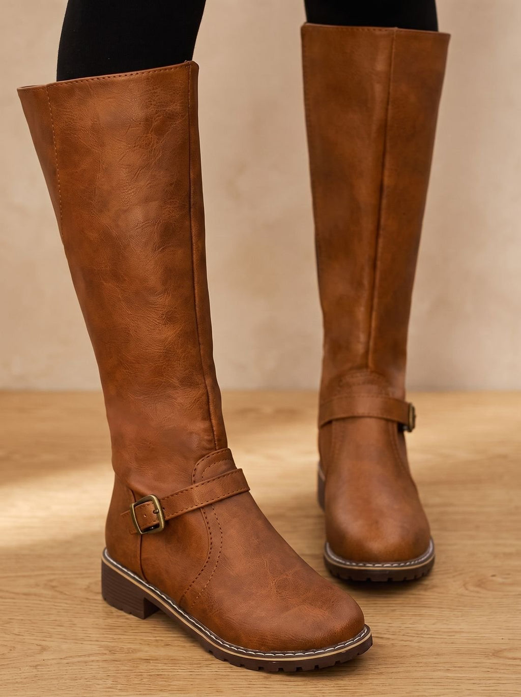 Amelia | Women's Faux Leather Knee High Boots Buckle Side-Zip