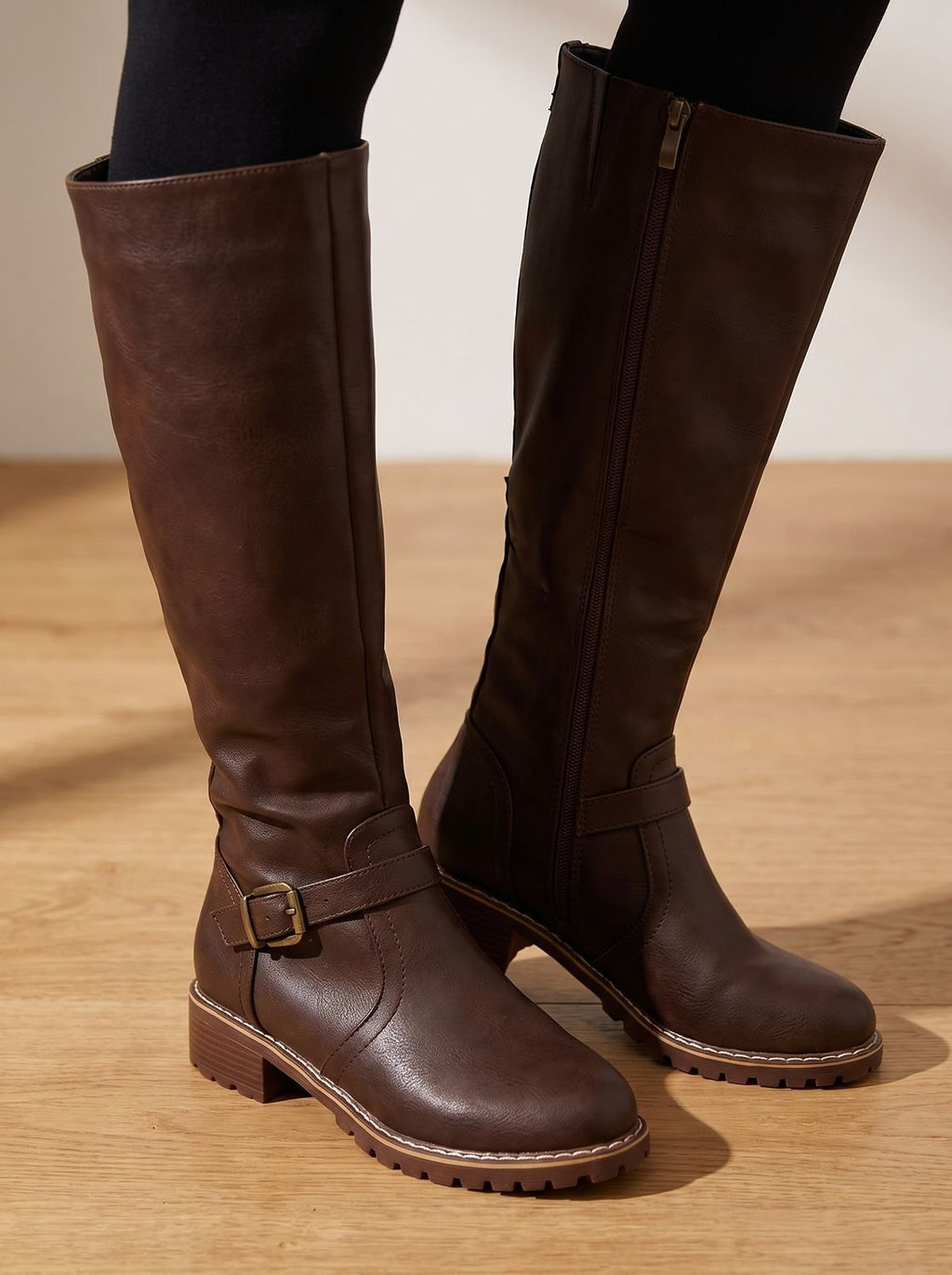 Amelia | Women's Faux Leather Knee High Boots Buckle Side-Zip