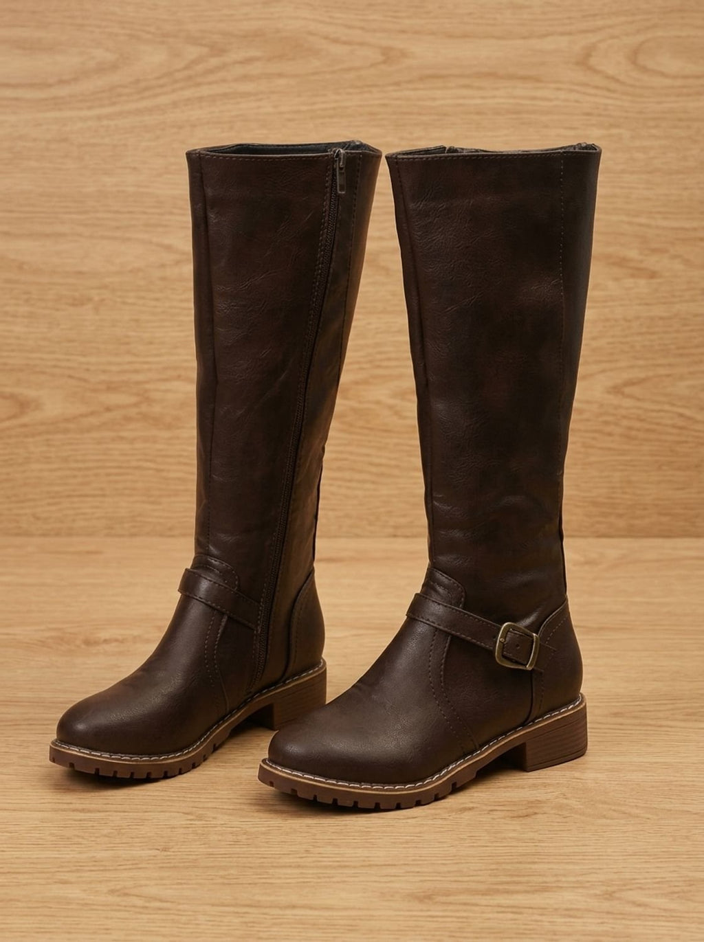 Amelia | Women's Faux Leather Knee High Boots Buckle Side-Zip