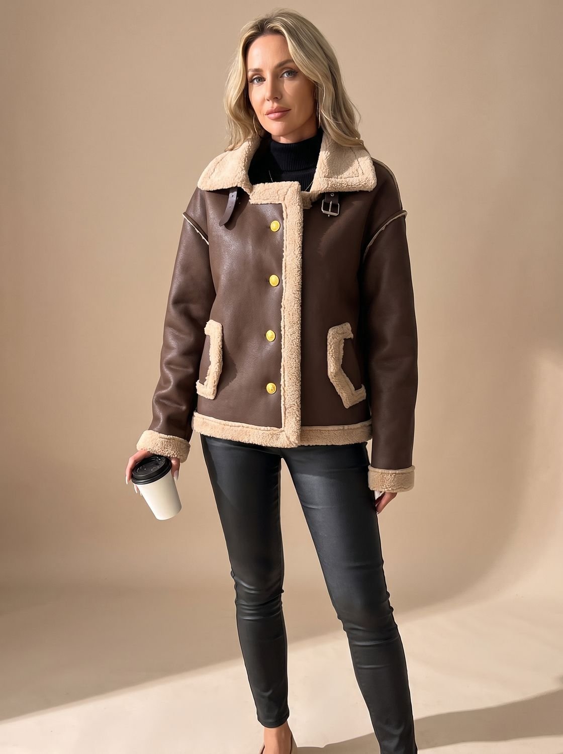 Victoria | Women's Faux Leather Sherpa-Lined Button-Front Aviator Jacket