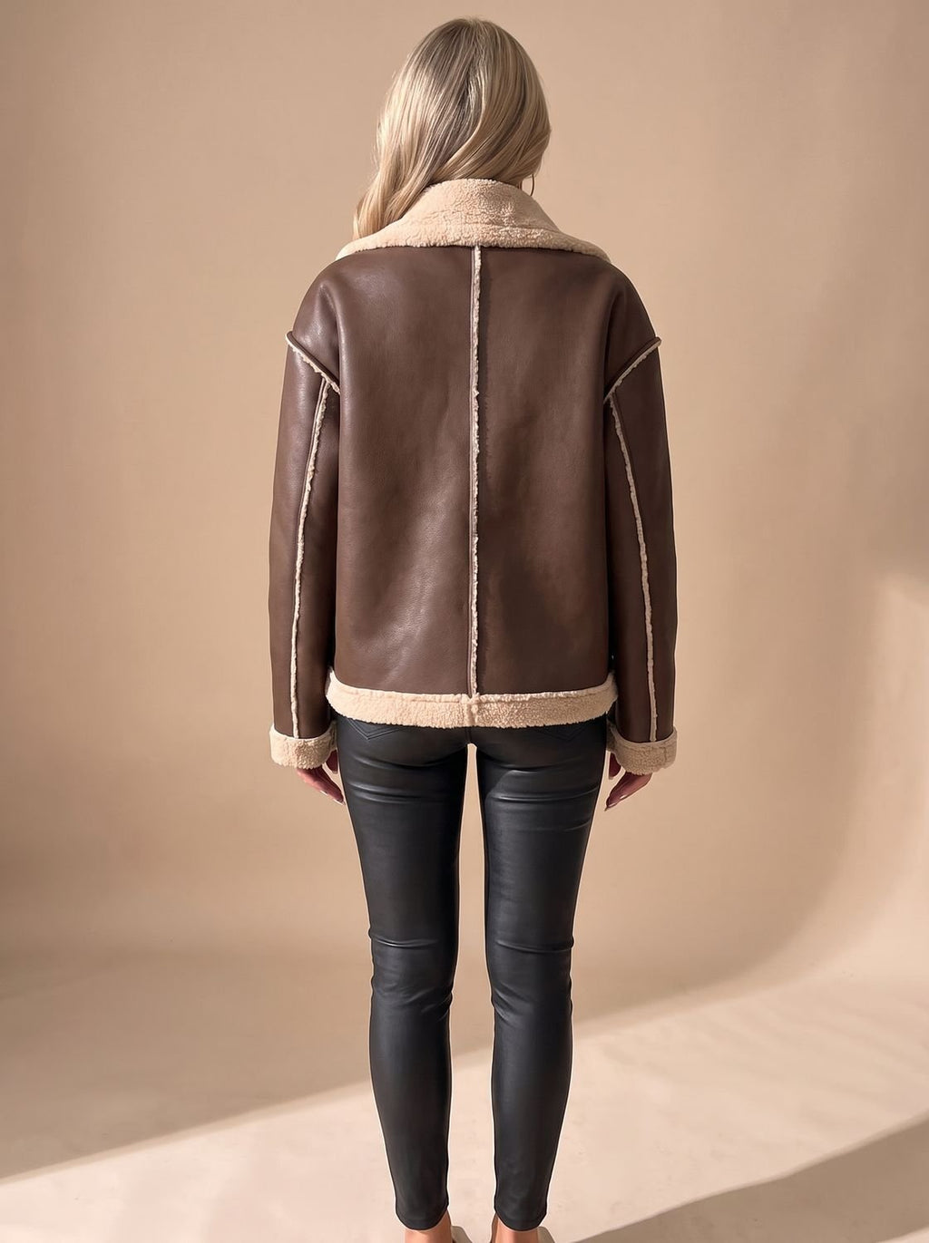 Victoria | Women's Faux Leather Sherpa-Lined Button-Front Aviator Jacket
