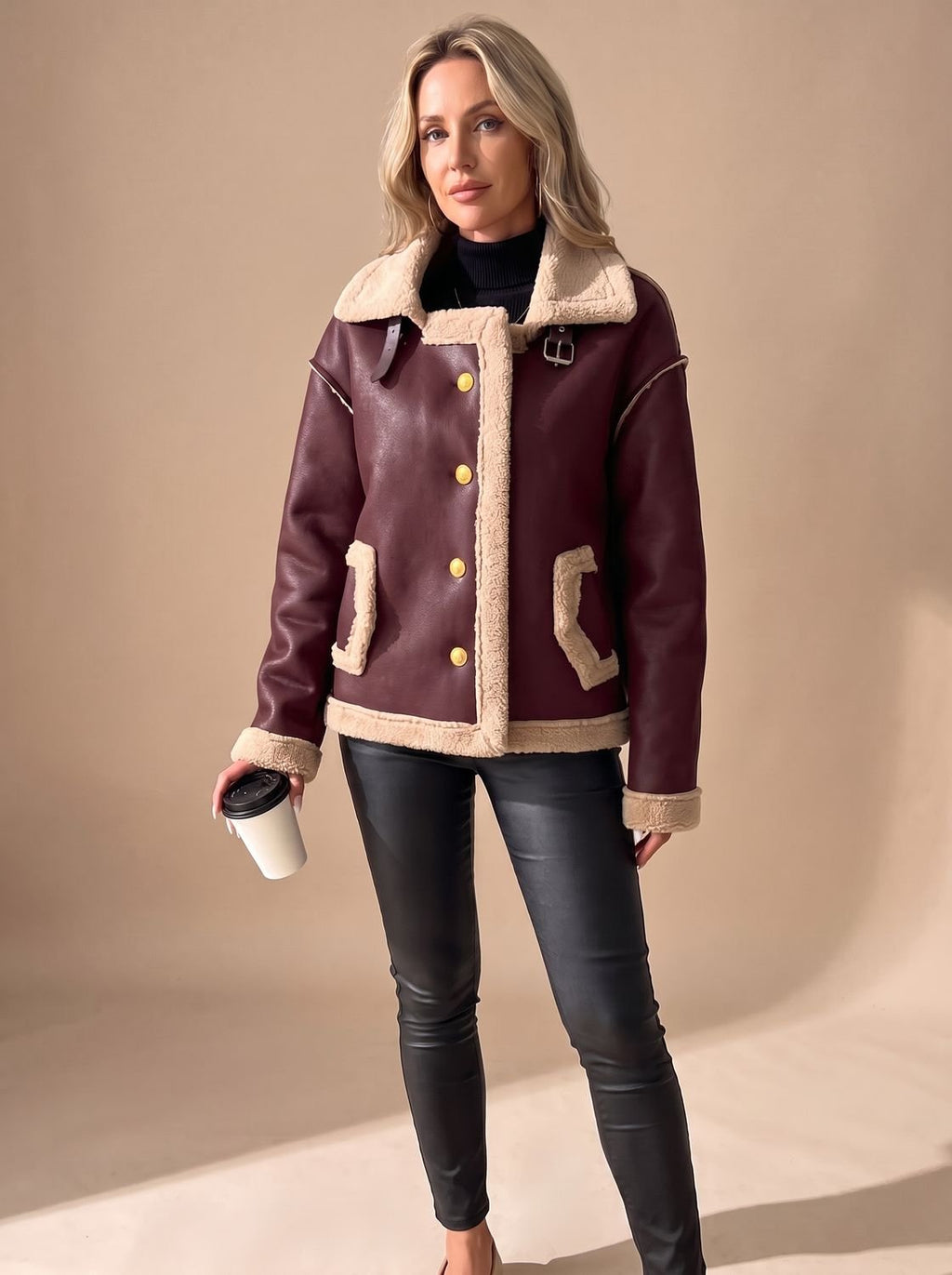 Victoria | Women's Faux Leather Sherpa-Lined Button-Front Aviator Jacket