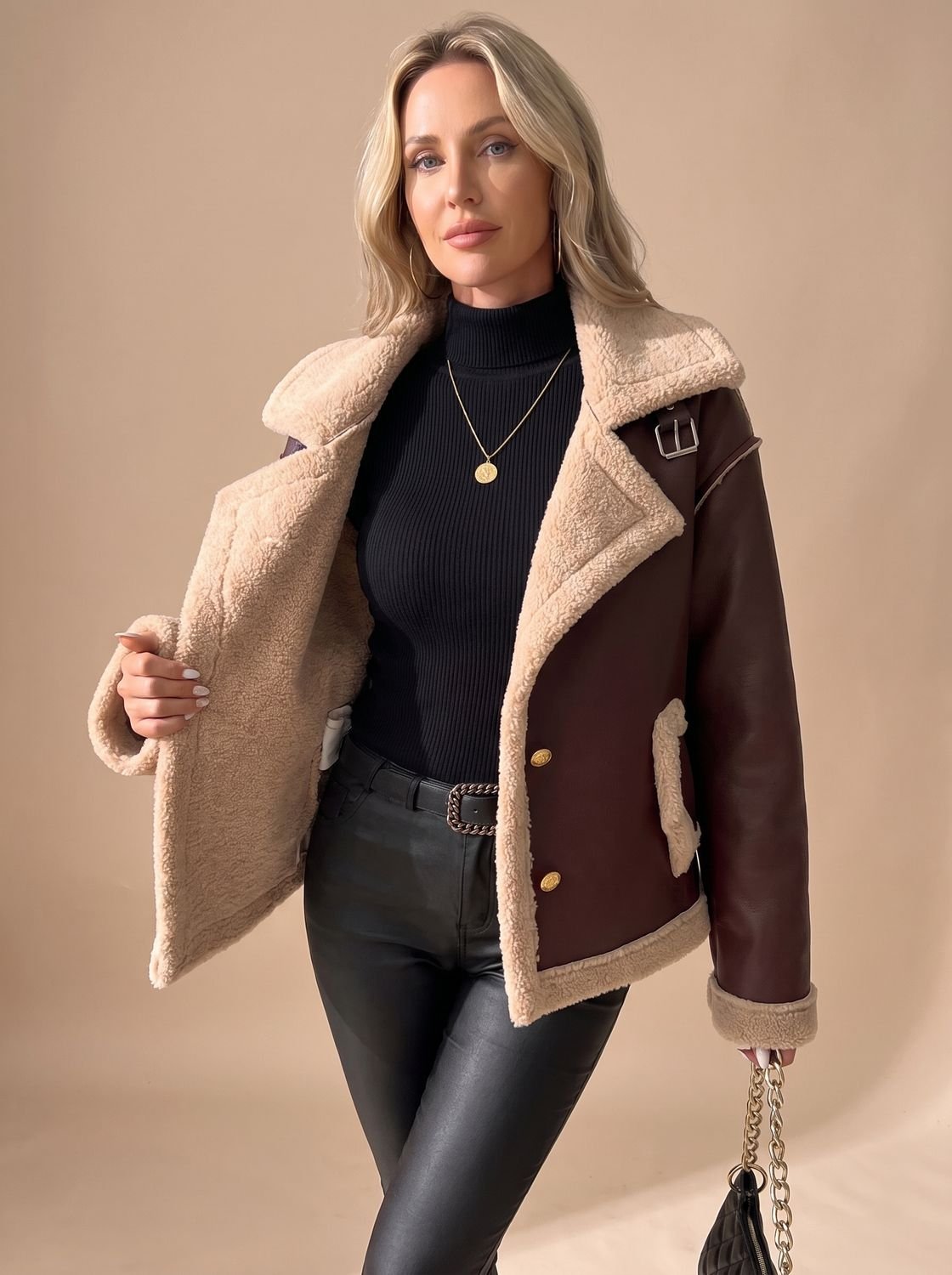 Victoria | Women's Faux Leather Sherpa-Lined Button-Front Aviator Jacket