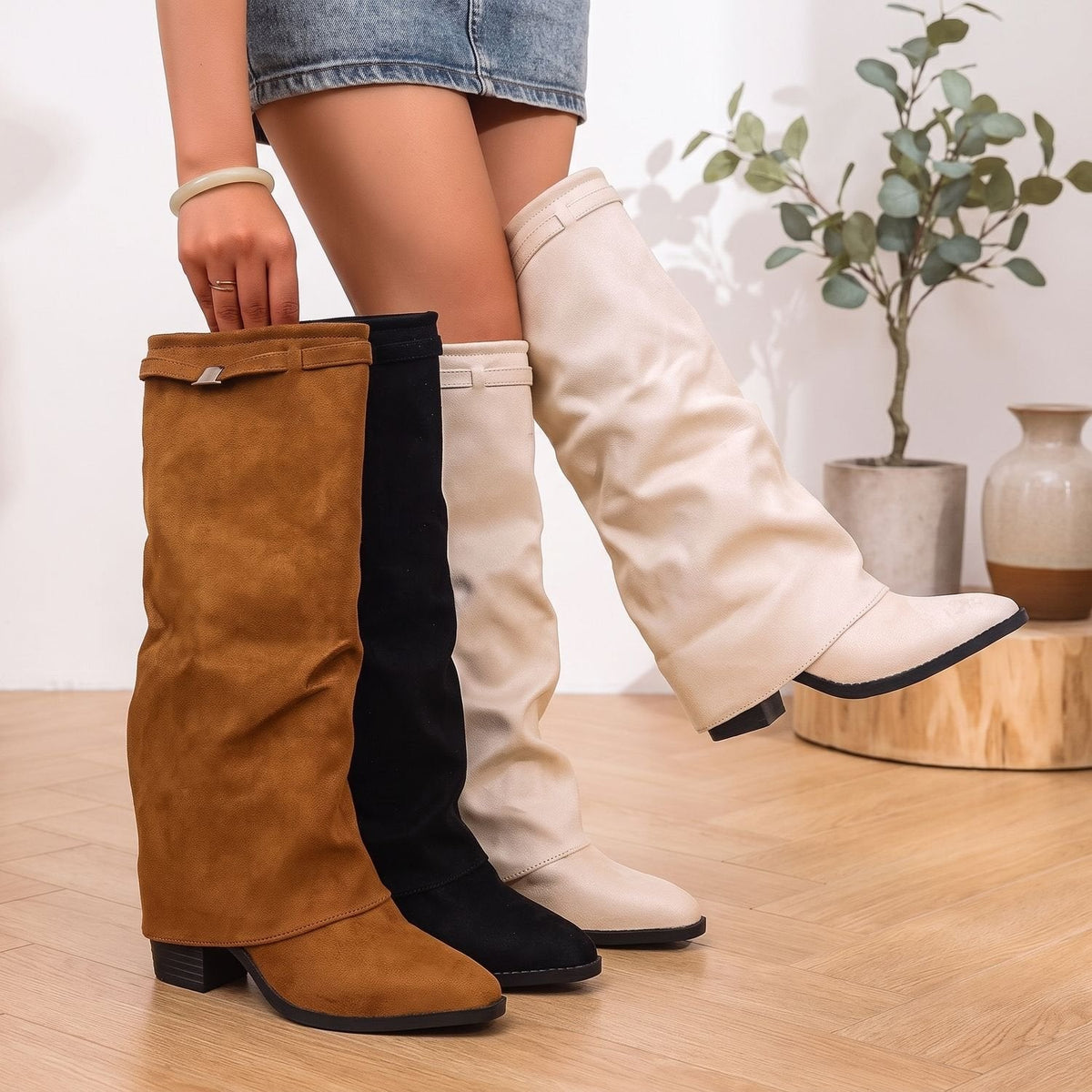 Scarlett | Women's Faux Suede Slouch Knee-High Block Heel Boots