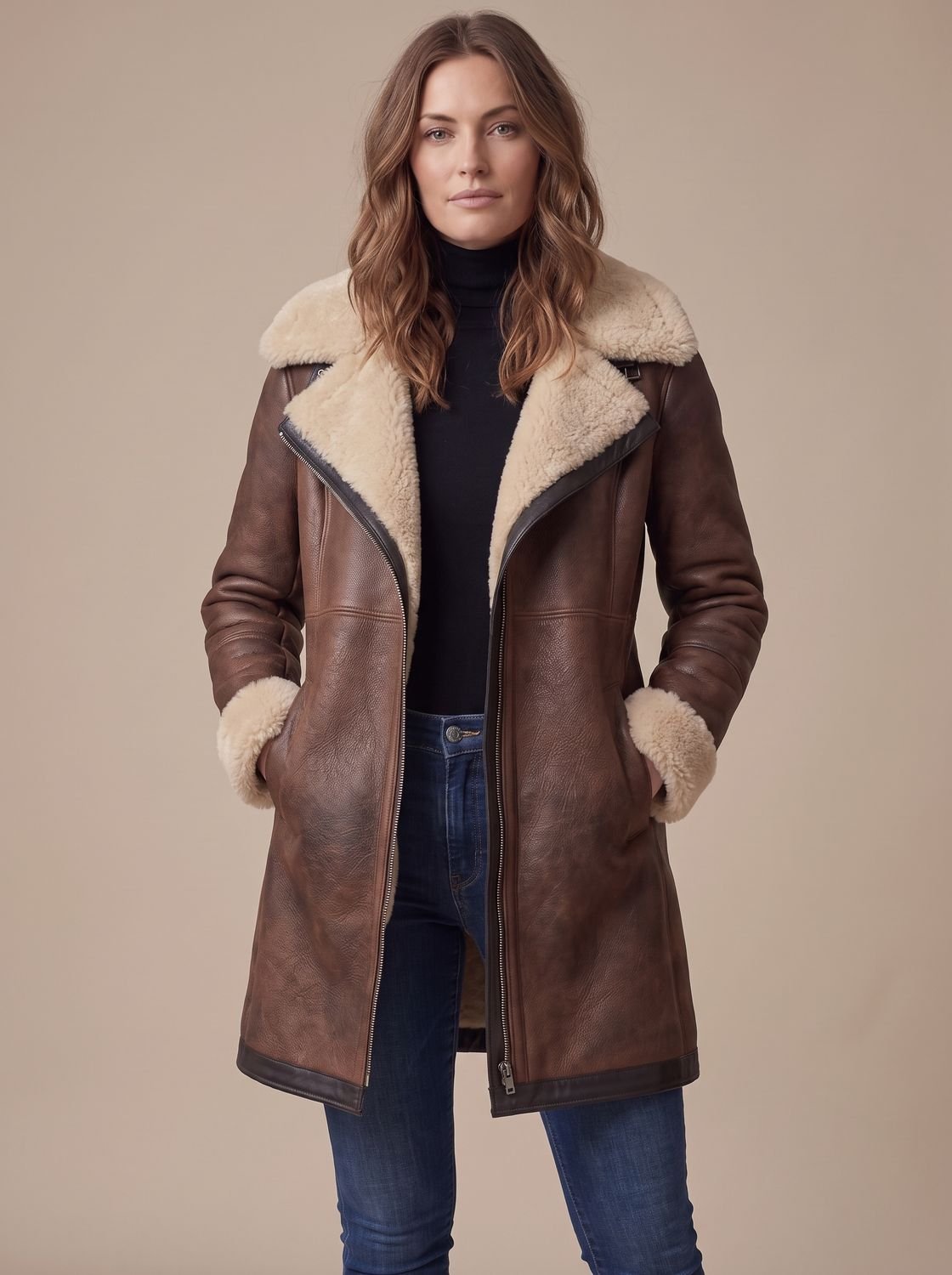 Grace | Women's Faux Suede Zip-Up Coat Shearling Collar Trim