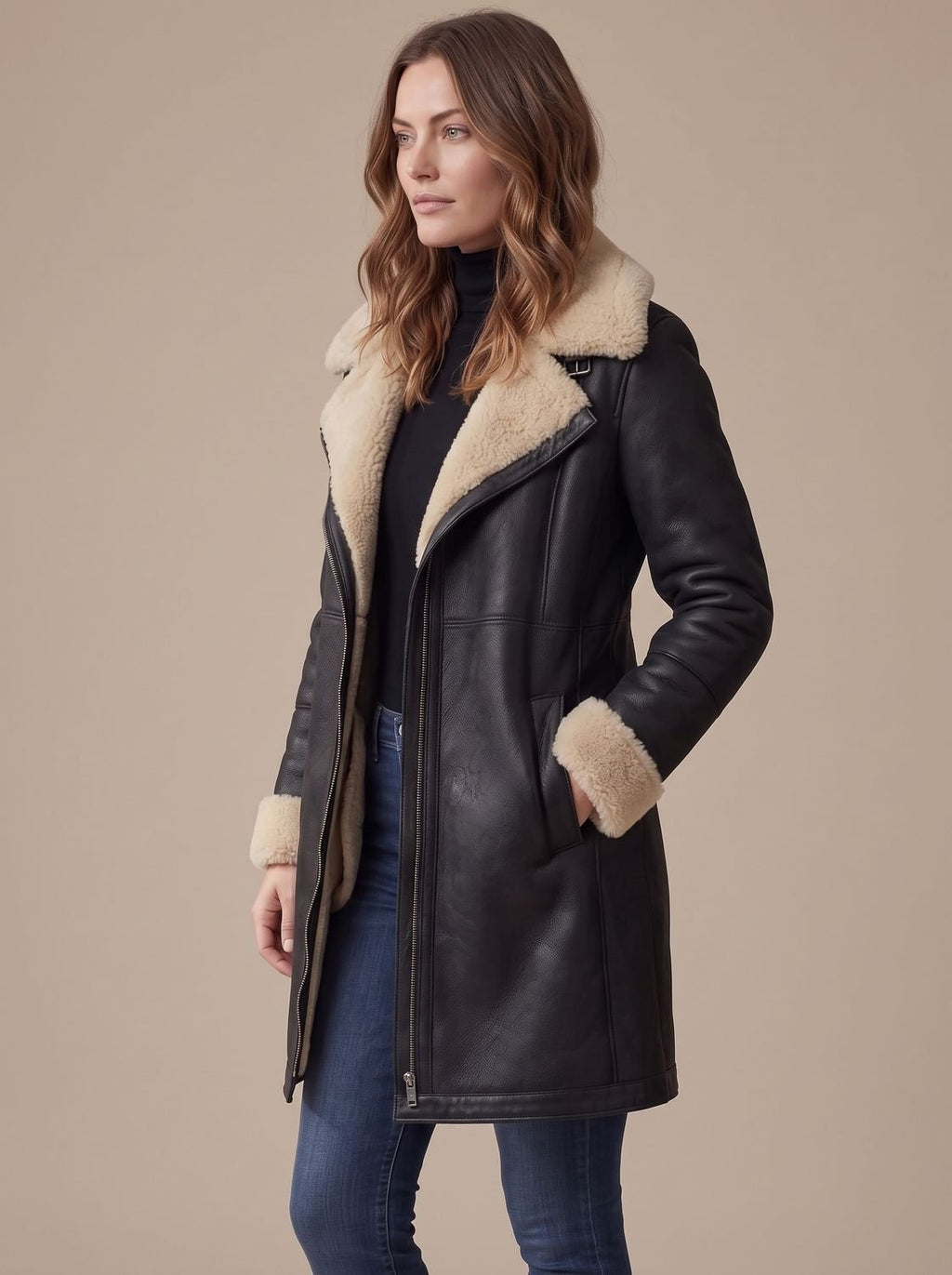 Grace | Women's Faux Suede Zip-Up Coat Shearling Collar Trim