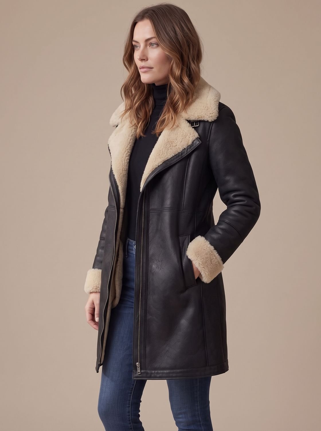Grace | Women's Faux Suede Zip-Up Coat Shearling Collar Trim
