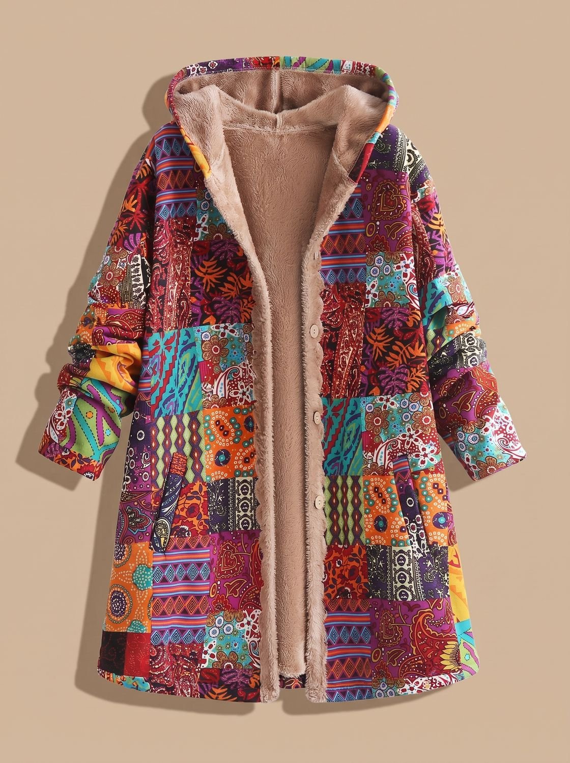 Madison | Women's Fleece-Lined Hooded Boho Patchwork Comfortable Jacket