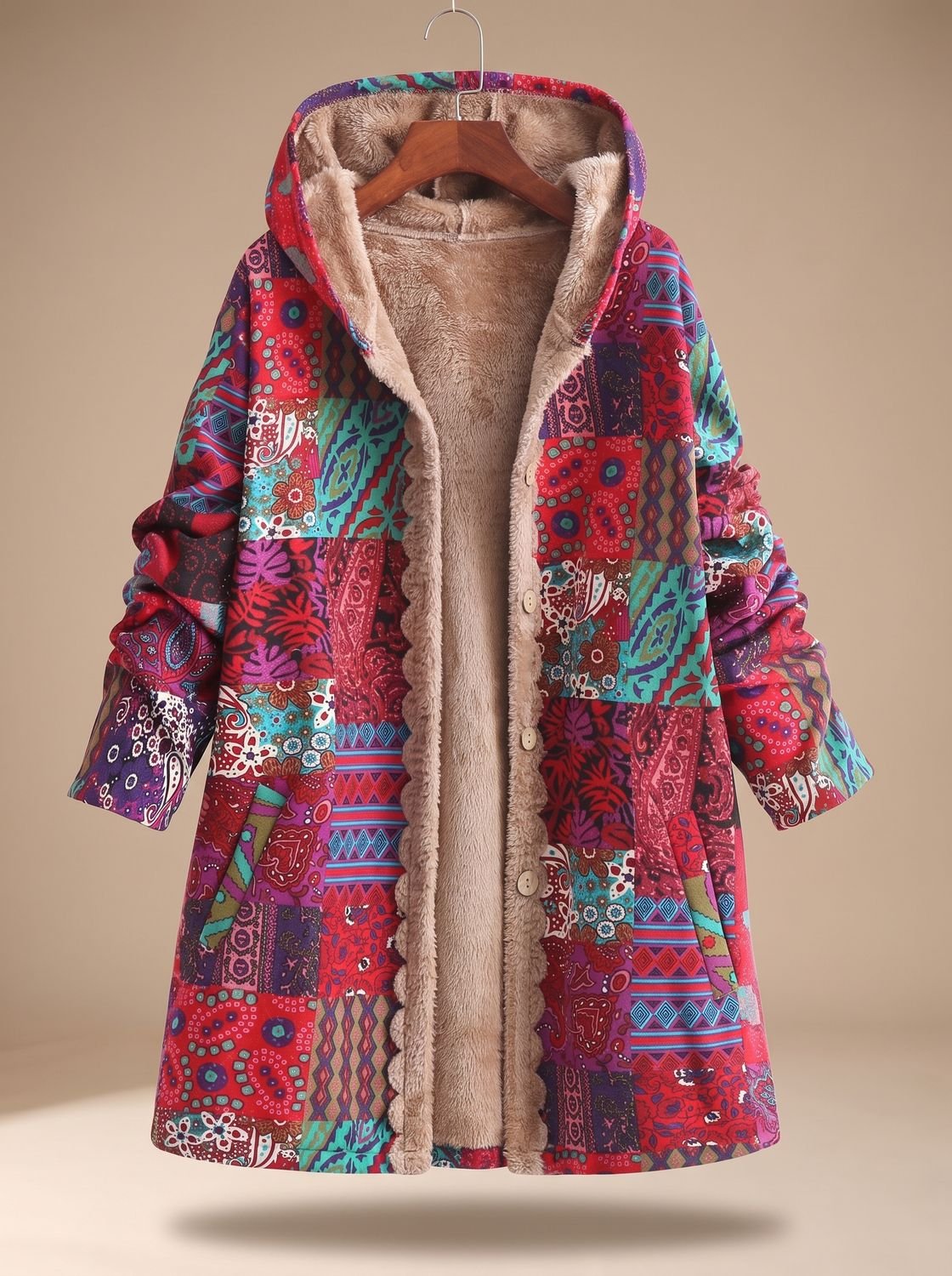 Madison | Women's Fleece-Lined Hooded Boho Patchwork Comfortable Jacket