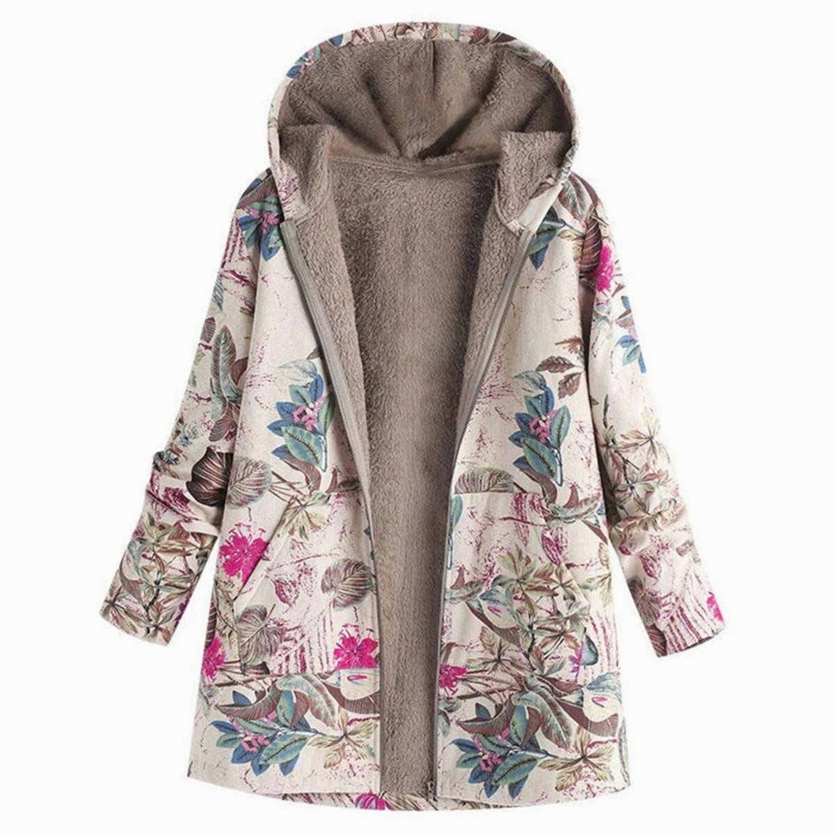 Women's Fleece-Lined Hooded Floral Coat Zip-Up Winter Parka