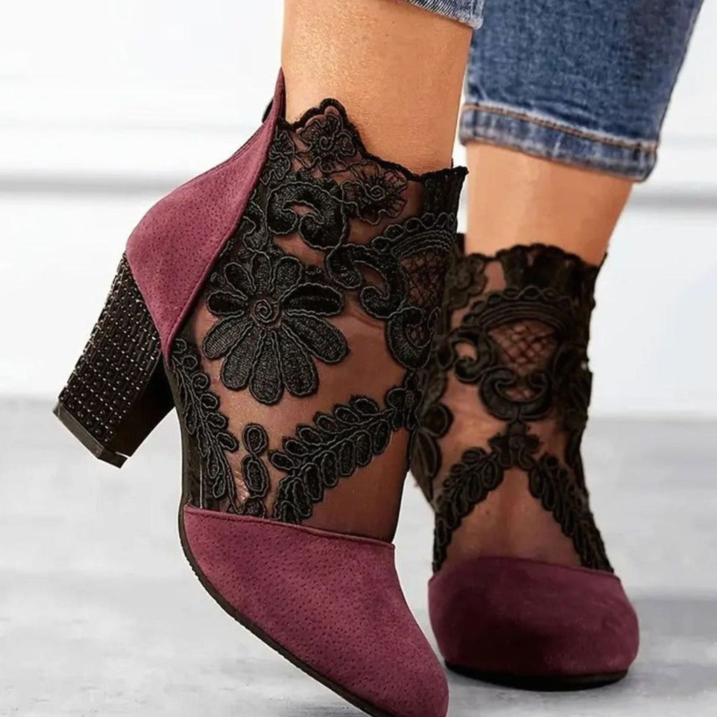 Women's Floral Lace Block-Heel Pointed-Toe Ankle Heels