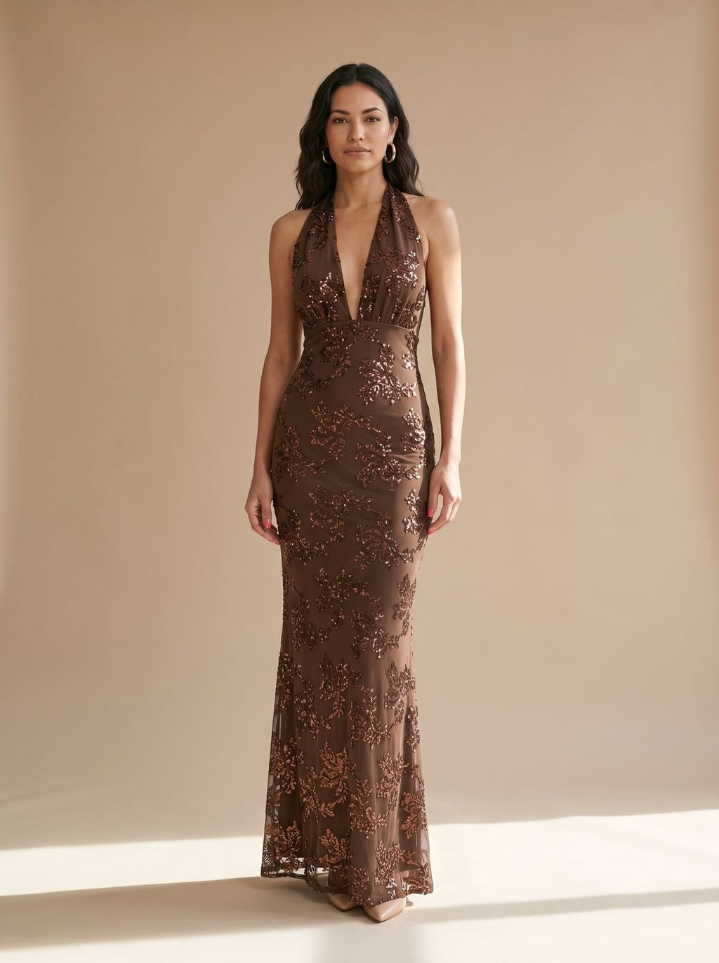 Luna | Women's Floral Sequin Maxi Dress Deep V Halter Neck