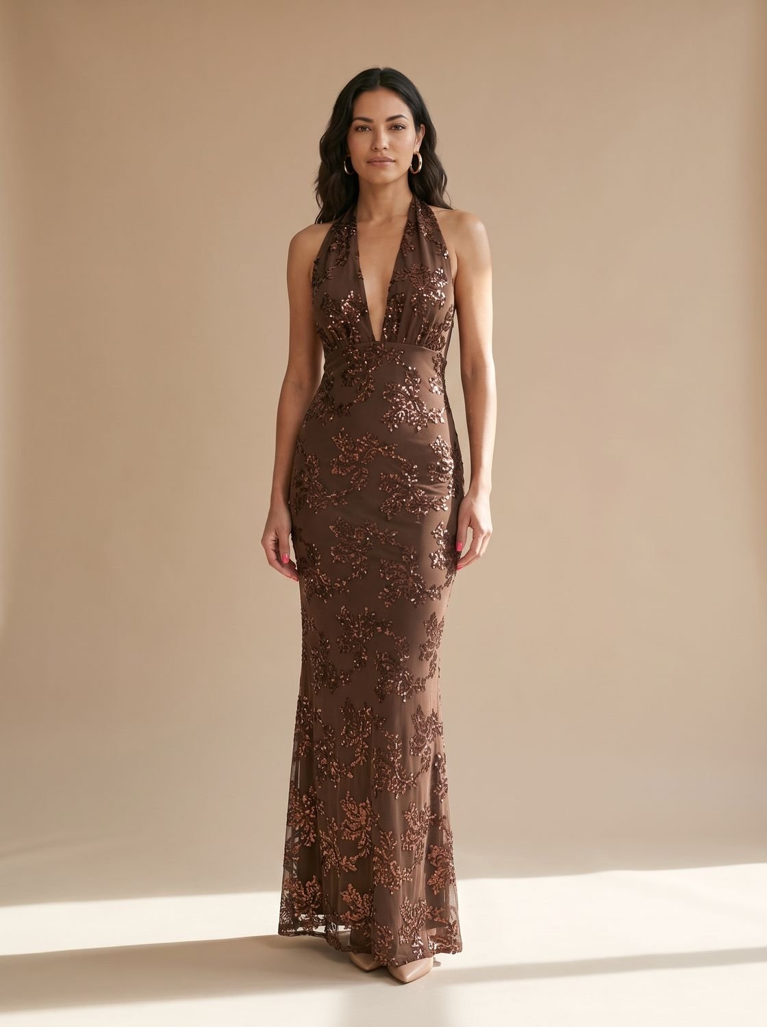 Luna | Women's Floral Sequin Maxi Dress Deep V Halter Neck
