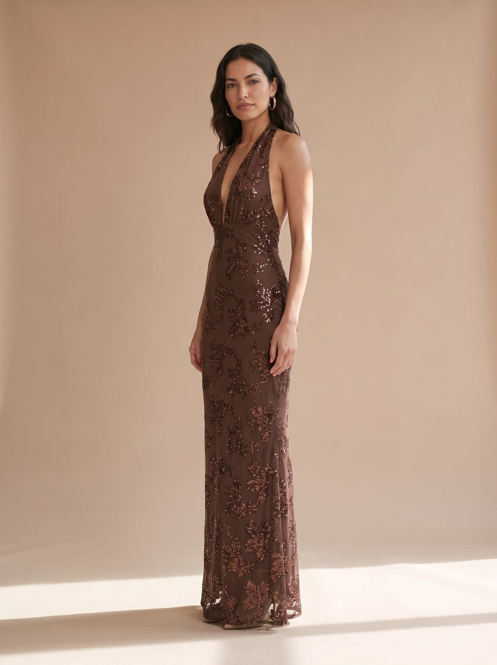 Luna | Women's Floral Sequin Maxi Dress Deep V Halter Neck