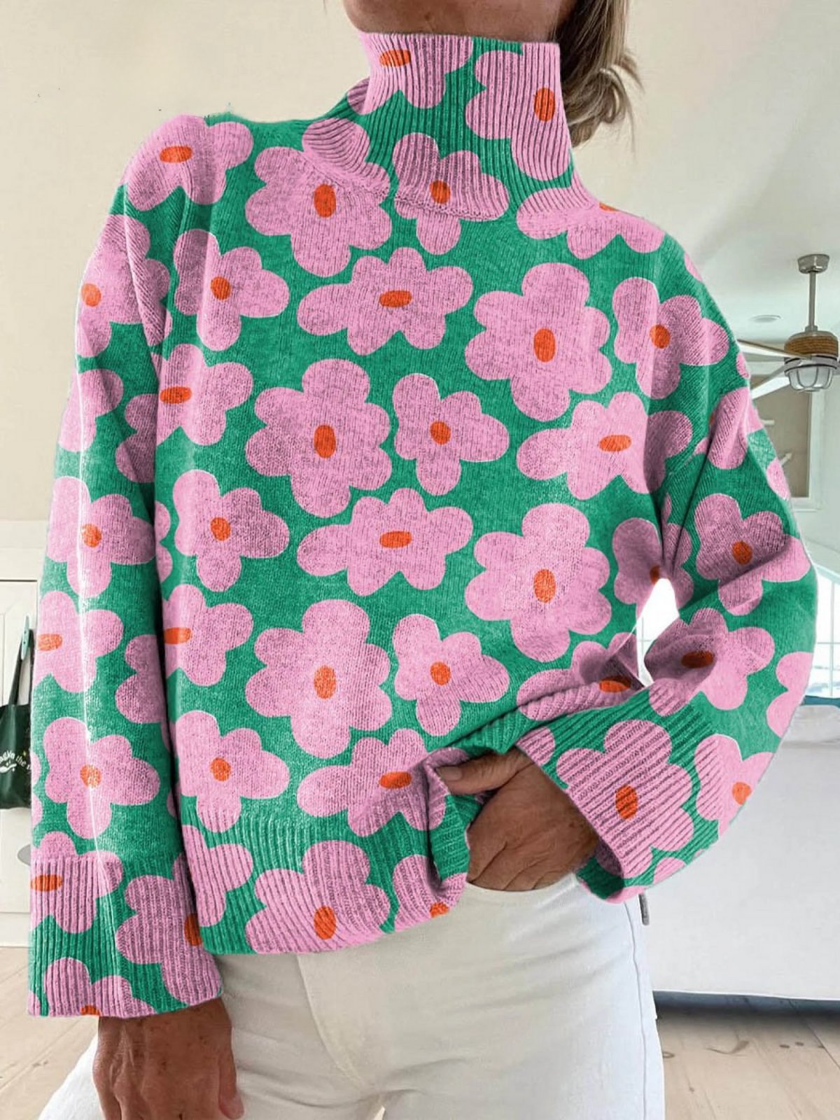 Women's Floral Turtleneck Sweater Long Sleeve Ribbed
