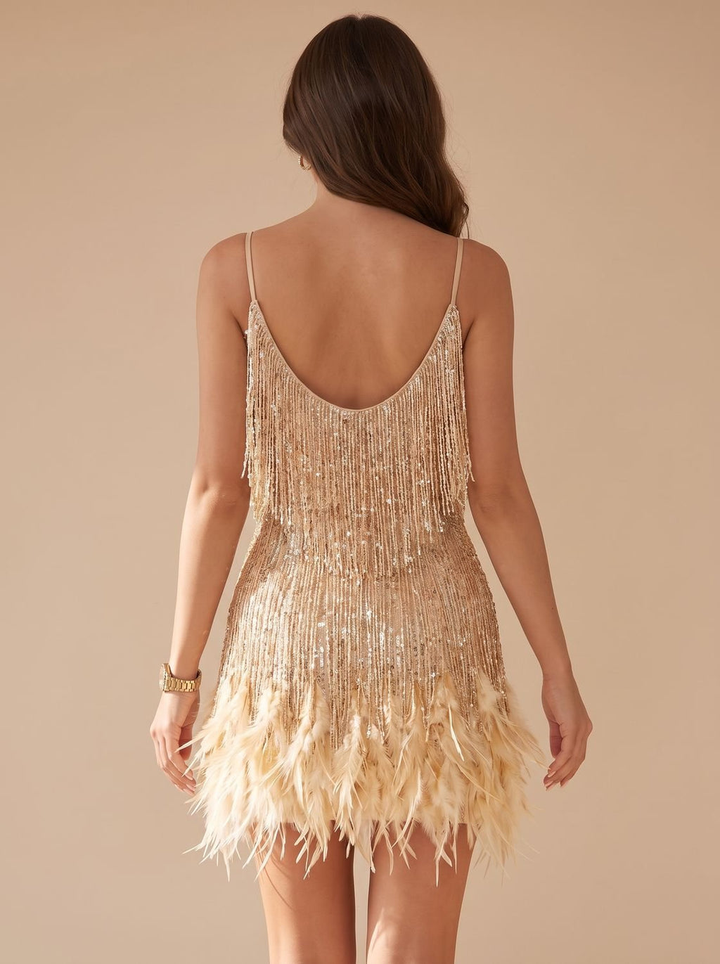 Aria | Women's Formal Sequin Mini Dress Feather Trim Spaghetti Strap