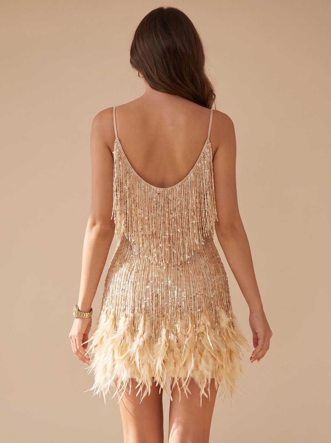 Aria | Women's Formal Sequin Mini Dress Feather Trim Spaghetti Strap