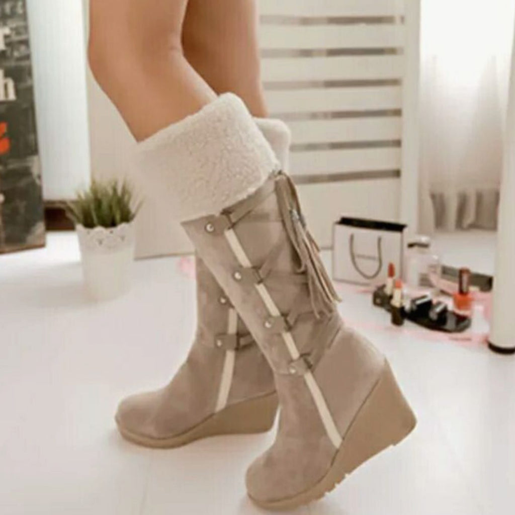 Women's Fur-Trimmed Wedge Heel Knee-High Winter Boots
